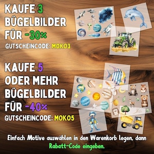 May include: The image showcases various iron-on transfer designs, including a dolphin, tractor, space-themed elements, planets, and woodland creatures. Text offers discounts for purchasing multiple transfers. The background is a wooden surface.