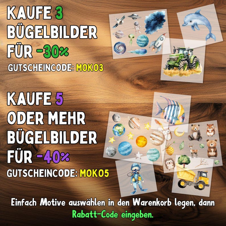 May include: The image showcases various iron-on transfer designs, including a dolphin, tractor, space-themed elements, planets, and woodland creatures. Text offers discounts for purchasing multiple transfers. The background is a wooden surface.