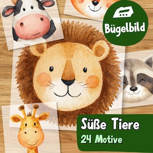 Może przedstawiać: Ilustracje akwarelowe różnych zwierząt, w tym lwa, żyrafy, krowy, lisa i szopa pracza. Lew, z brązową grzywą, jest centralnym obrazem. Tekst brzmi "Słodkie zwierzęta 24 motywy".