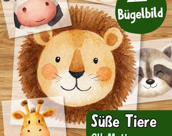 Süße Tiere Bügelbild 24 Motive, Kinder Aufbügler, Akvarell Tiergesichter, Baby Kleidung, Tier Einzelmotiv Bügeltransfer
