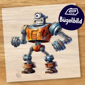 Lustiger Roboter Bügelbild, Cartoon Roboter Wasserfarbe zum Aufbügeln, Bot Kinder Tshirt, Coole Schultüte Bügelmotiv Figur Witzig