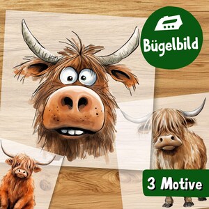 Lustige Highland Kuh Bügelbild PNG, Süßes Cartoon Rinder Motiv zum Aufbügeln, Bauernhof Tier Transferfolie Kinder Shirt