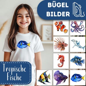9 Tropische Fische Bügelbilder Wasserfarbe Meerestiere zum Aufbügeln, Clownfisch Tshirt, Aquarell Hammerhai Bügelmotiv, Aquarium Fisch
