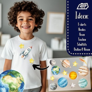 May include: A white t-shirt featuring a watercolor rocket ship design with yellow stars. The image also includes a collection of planet and star stickers, and the word "Ideen" with a list of product ideas.