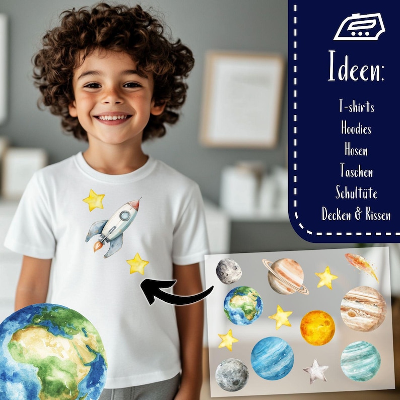 May include: A white t-shirt featuring a watercolor rocket ship design with yellow stars. The image also includes a collection of planet and star stickers, and the word "Ideen" with a list of product ideas.