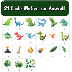 May include: A collection of 21 watercolor illustrations featuring dinosaurs, plants, and related imagery. The designs include various dinosaurs, a volcano, a bone, an egg, a meteor, and tropical leaves. Text at the top reads "21 Coole Motive zur Auswahl."