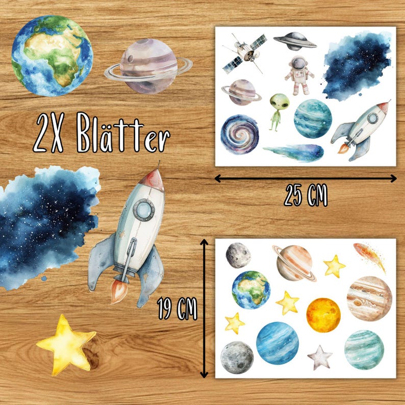 May include: Watercolor space-themed stickers featuring planets, stars, rockets, and an astronaut. The set includes two sheets, one measuring 19 cm and the other 25 cm in length. The text "2X Bl&auml;tter" is also visible.