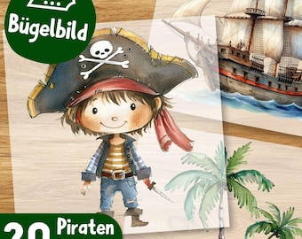 Piraten Bügelbilder, Wasserfarbe Schatzsuche zum Aufbügeln, Piratenschiff Kinder Tshirt Bügelmotiv, Coole Seeräuber, Karibik Insel Transfer