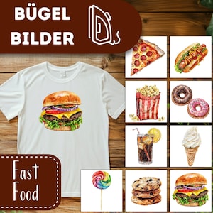 Fast Food Bügelbilder, Party Snacks Wasserfarbe zum Aufbügeln, Pizza Tshirt, Donut Bügelmotiv, Süßigkeiten Bilder, Bügelmotiv Burger