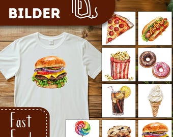 Fast Food Bügelbilder, Party Snacks Wasserfarbe zum Aufbügeln, Pizza Tshirt, Donut Bügelmotiv, Süßigkeiten Bilder, Bügelmotiv Burger