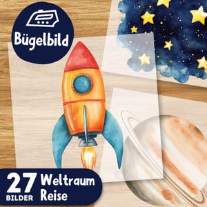 Weltraum Reise Bügelbilder, Wasserfarbe Grafiken zum Aufbügeln, Raumschiff, Planeten und Sterne, Niedliche Illustrationen für Kinder Tshirt