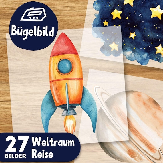 Weltraum Reise Bügelbilder, Wasserfarbe Grafiken zum Aufbügeln, Raumschiff, Planeten und Sterne, Niedliche Illustrationen für Kinder Tshirt