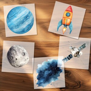 Weltraum Reise Bügelbilder, Wasserfarbe Grafiken zum Aufbügeln, Raumschiff, Planeten och Sterne, Niedliche Illustrationen für Kinder Tshirt bild 7