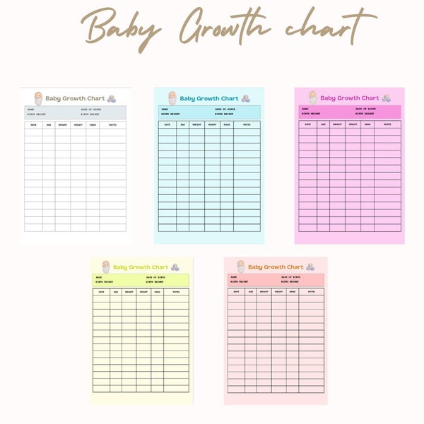 Printable Baby Growth Chart, Growth tracker for kids, A4 Tracking Sheet for kids height and weight,