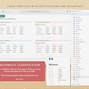 May include: A screenshot of a computer screen displaying a task management app with a colourful interface. The app offers templates for various task types, such as work, home, and personal tasks. The app also includes features for setting notifications and recurring tasks. The text "TASKS TEMPLATES WITH NOTIFICATIONS AND RECURRENCE" is at the top of the screen.