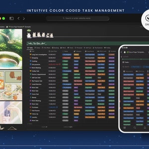 May include: A screenshot of a computer screen displaying a task management app with a dark mode interface. The app features a list of tasks with colour-coded categories, importance levels, and effort levels. The app also includes a timer for each task. The app is named "Focus Page Template".