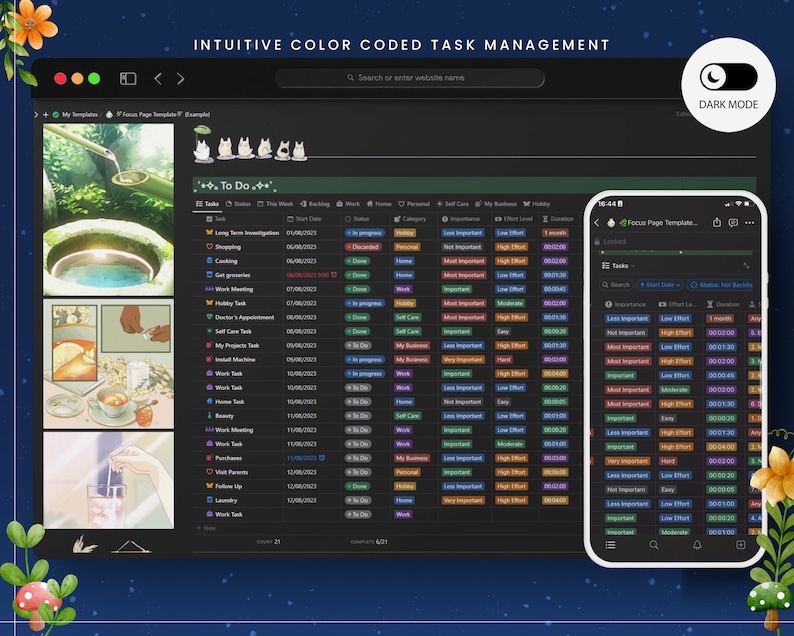 May include: A screenshot of a computer screen displaying a task management app with a dark mode interface. The app features a list of tasks with colour-coded categories, importance levels, and effort levels. The app also includes a timer for each task. The app is named "Focus Page Template".