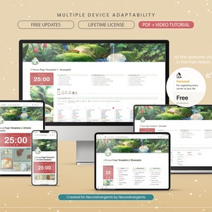 May include: A screenshot of a computer screen displaying a Notion page template designed for focus. The template, created for neurodivergent individuals, includes a timer, a to-do list, and a notes section. It is available across multiple devices, including desktop, mobile, and tablet. The template is free to use and comes with a video tutorial.