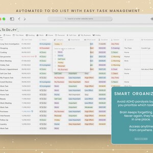 May include: A screenshot of a to-do list app with a light blue background and a white interface. The app is called "To Do" and has a list of tasks with their start dates, status, category, importance, effort level, duration, session, location, and annotations. The app also has a search bar and a button to add new tasks. The text "SMART ORGANISATION" is displayed in a blue box with a white background. The text "Avoid ADHD paralysis by helping you prioritise which tasks to do." is displayed below the blue box. The text "Brain keeps forgetting tasks? Never again, they're all in one place." is displayed below the previous text. The text "Access anytime from anywhere." is displayed below the previous text.