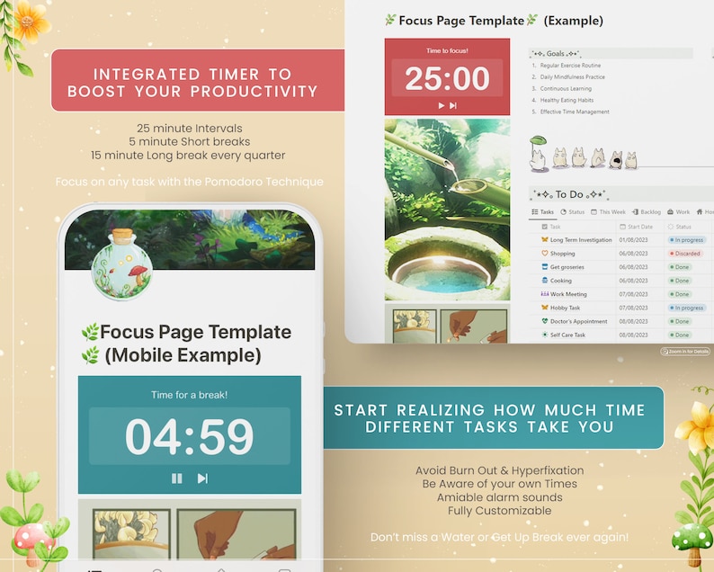 May include: A mobile phone screen displaying a timer app with a green background and the text "Time for a break!" and "04:59". The timer is set to 4 minutes and 59 seconds. The app also features a green button with two parallel lines and a play button.