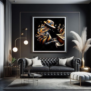 Toile noire et dorée Piano Queen : silhouette de femme afro-américaine