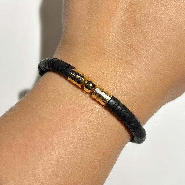 18K Gold Plated Barrel Black Heishi Beaded Bracelet