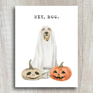 Hey Boo Halloween Card: Funny Dog Ghost Costume