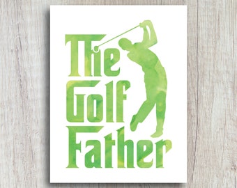 May include: A watercolor illustration of a golfer in a green silhouette with the text "The Golf Father" in green.