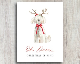 Funny Dog Christmas Card | Oh Deer Christmas Is Here! | Holiday Greeting Card with Doodle Dog in Reindeer Antlers | Card for Dog Lovers