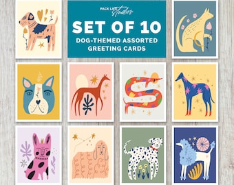 Colorful Dog Themed Greeting Cards | Set of 10 Cards And Envelopes | Blank Inside | Dog Lover Assorted Cards | Dog Stationery Set