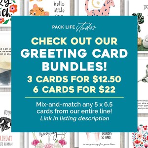 May include: A teal graphic with white text promoting greeting card bundles. The text reads "CHECK OUT OUR GREETING CARD BUNDLES! 3 CARDS FOR $12.50 6 CARDS FOR $22". The image also shows various greeting cards with different designs.