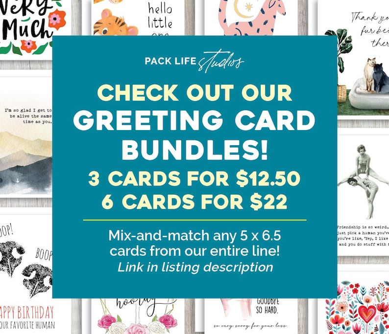 May include: A teal graphic with white text promoting greeting card bundles. The text reads "CHECK OUT OUR GREETING CARD BUNDLES! 3 CARDS FOR $12.50 6 CARDS FOR $22". The image also shows various greeting cards with different designs.