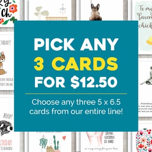 May include: A teal blue banner with yellow text that reads "PICK ANY 3 CARDS FOR $12.50".  The banner is surrounded by a collage of colorful greeting cards with various illustrations and text.  The cards are 5 x 6.5 inches.