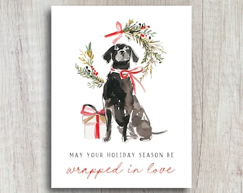 Wrapped in Love Christmas Card | Watercolor Dog Holiday Greeting Card | Dog Lover Christmas Card | Black Lab With Bow and Christmas Gift