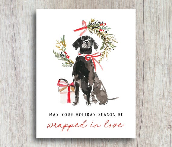 Wrapped in Love Christmas Card | Watercolor Dog Holiday Greeting Card | Dog Lover Christmas Card | Black Lab With Bow and Christmas Gift