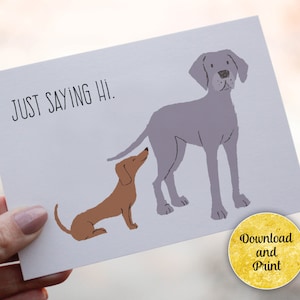 Dire juste bonjour carte de vœux | Carte de chien drôle en téléchargement numérique | Juste parce que carte | Blanc à l'intérieur | Je pense à vous | Note à un ami