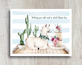 Funny Llama Birthday Card: Watercolor Cactus & Cake