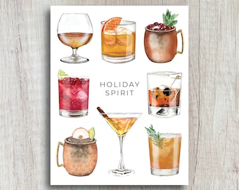 Holiday Spirit Greeting Card | Festive Drinks Holiday Card | Christmas Greeting Card | Cheers To The Holidays | Gift For Christmas Party
