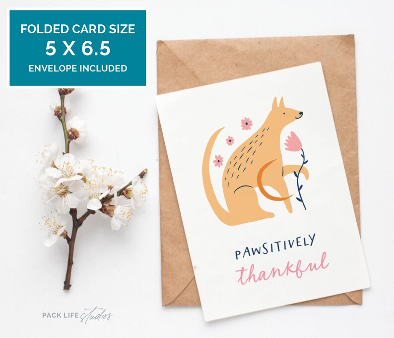 Illustrated greeting card featuring a stylized tan dog holding a pink flower, surrounded by pink flowers. Text below reads "Pawsitively Thankful" in playful navy and pink fonts.
