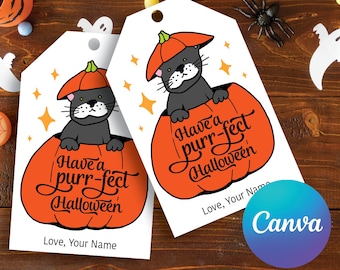 Halloween Favor Tags | Trick Or Treat Tags | Printable Cat Halloween Tags | Halloween Party | Customizable Template | Ready to Print | DIY