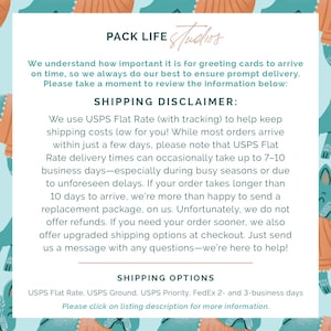 May include: A light blue and white graphic with text that reads "PACK LIFE Studios." The text provides shipping information, including USPS Flat Rate, and a disclaimer about delivery times. The background has a repeating pattern of teal and orange shapes.