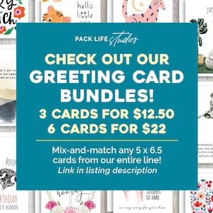 K&ouml;nnte beinhalten: Eine blaugr&uuml;ne und wei&szlig;e Grafik mit dem Text "CHECK OUT OUR GREETING CARD BUNDLES!" und "3 CARDS FOR $12.50 6 CARDS FOR $22". Die Grafik enth&auml;lt auch den Text "Mix-and-match any 5 x 6.5 cards from our entire line! Link in listing description".
