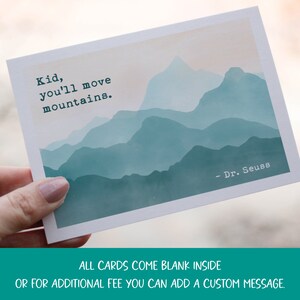 Pretty watercolor landscape of mountains with the dr seuss quote kid you will move mountains perfect for graduation cards