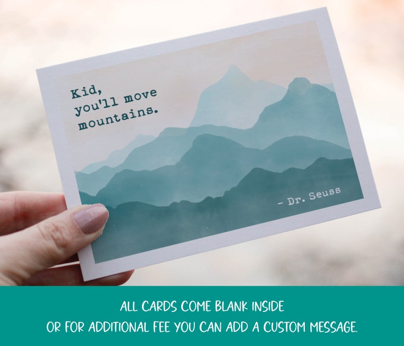Pretty watercolor landscape of mountains with the dr seuss quote kid you will move mountains perfect for graduation cards