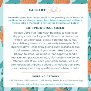 May include: A light blue and white graphic with text that reads "PACK LIFE Studios". The text below details shipping information, including USPS Flat Rate, and a disclaimer about delivery times.