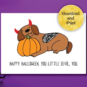 Zabawna karta Halloween dla psa | Wesołego Halloween, mały diable | Karty dla miłośników psów | Puste w środku