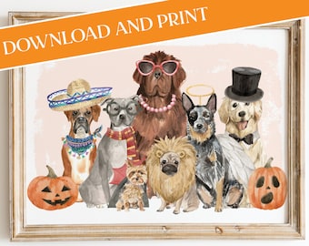 Dog Lovers Halloween Art Print, Dog Wall Decor, Dogs in Costumes, Home Decor Wall Art, Autumn Dog Lovers, Fall Decor, Dog Print Download