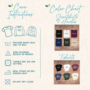Pu&ograve; includere: Istruzioni per la cura di t-shirt, felpe e felpe con cappuccio. Lavaggio in lavatrice a freddo, asciugatura in asciugatrice a bassa temperatura, non lavare a secco. Cartella colori per felpe e felpe con cappuccio in nero, bianco, marrone, blu navy, verde bosco e sabbia. Cartella colori per t-shirt in nero, bianco, marrone melange, blu navy melange, verde bosco melange e naturale.