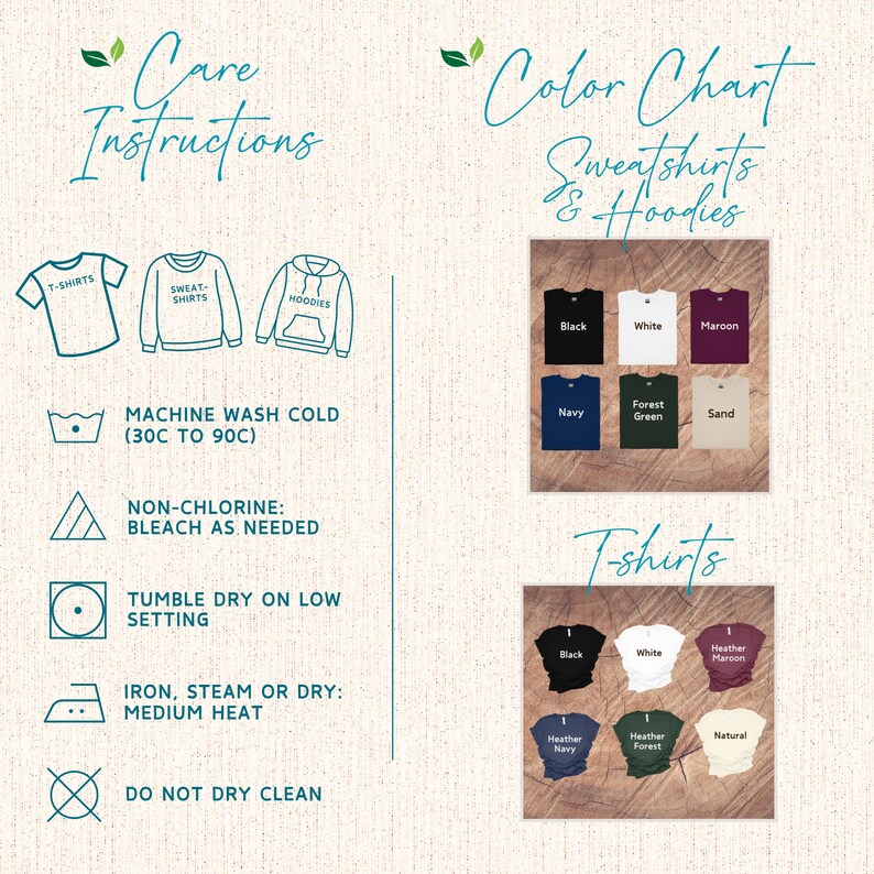 Pu&ograve; includere: Istruzioni per la cura di t-shirt, felpe e felpe con cappuccio. Lavaggio in lavatrice a freddo, asciugatura in asciugatrice a bassa temperatura, non lavare a secco. Cartella colori per felpe e felpe con cappuccio in nero, bianco, marrone, blu navy, verde bosco e sabbia. Cartella colori per t-shirt in nero, bianco, marrone melange, blu navy melange, verde bosco melange e naturale.