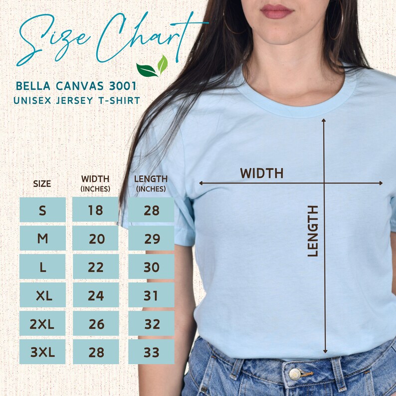 Pu&ograve; includere: Tabella delle taglie per una t-shirt in jersey unisex. La tabella mostra la larghezza e la lunghezza in pollici per le taglie S, M, L, XL, 2XL e 3XL.